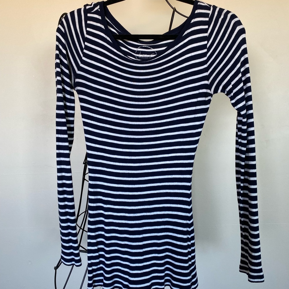 INC Long Sleeve White and Navy Striped Wide Neck Shirt